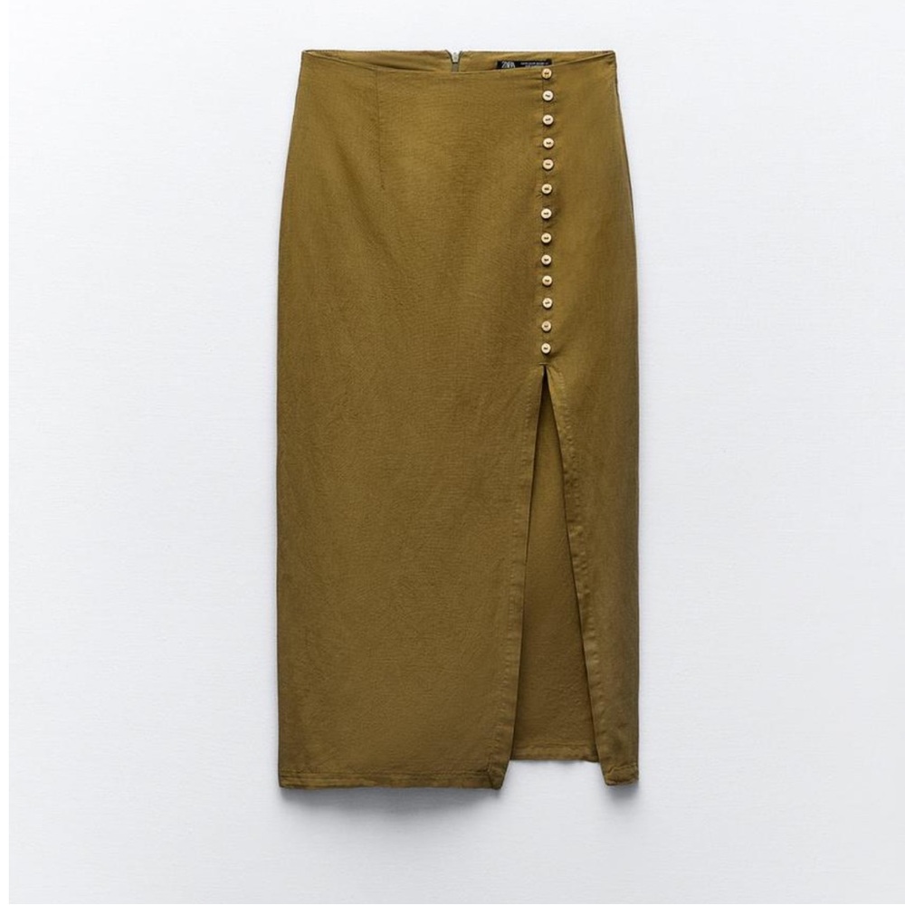 BUTTONED LINEN BLEND MIDI SKIRT